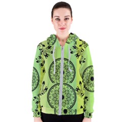 Green Grid Cute Flower Mandala Women s Zipper Hoodie