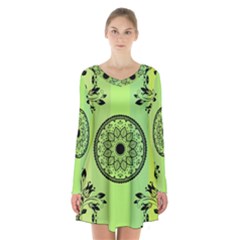 Green Grid Cute Flower Mandala Long Sleeve Velvet V-neck Dress