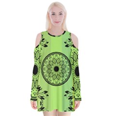 Green Grid Cute Flower Mandala Velvet Long Sleeve Shoulder Cutout Dress