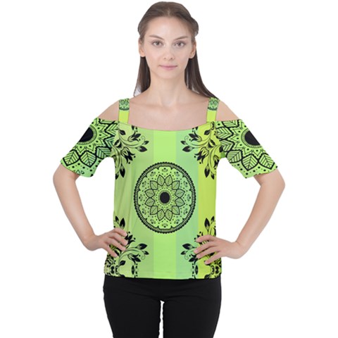 Green Grid Cute Flower Mandala Cutout Shoulder Tee by Magicworlddreamarts1