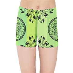 Green Grid Cute Flower Mandala Kids  Sports Shorts by Magicworlddreamarts1