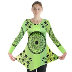 Green Grid Cute Flower Mandala Long Sleeve Tunic  by Magicworlddreamarts1