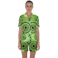 Green Grid Cute Flower Mandala Satin Short Sleeve Pajamas Set by Magicworlddreamarts1