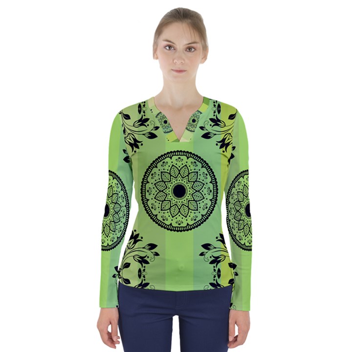 Green Grid Cute Flower Mandala V-Neck Long Sleeve Top