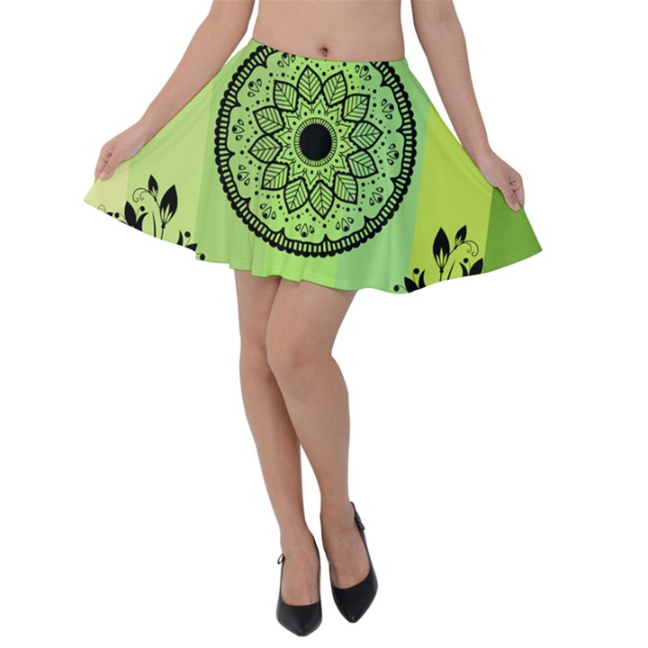 Green Grid Cute Flower Mandala Velvet Skater Skirt