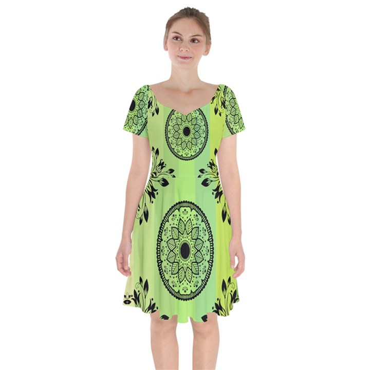 Green Grid Cute Flower Mandala Short Sleeve Bardot Dress