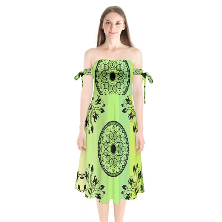 Green Grid Cute Flower Mandala Shoulder Tie Bardot Midi Dress