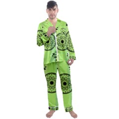 Green Grid Cute Flower Mandala Men s Long Sleeve Satin Pajamas Set by Magicworlddreamarts1