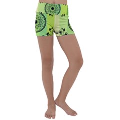 Green Grid Cute Flower Mandala Kids  Lightweight Velour Yoga Shorts by Magicworlddreamarts1