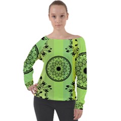 Green Grid Cute Flower Mandala Off Shoulder Long Sleeve Velour Top by Magicworlddreamarts1