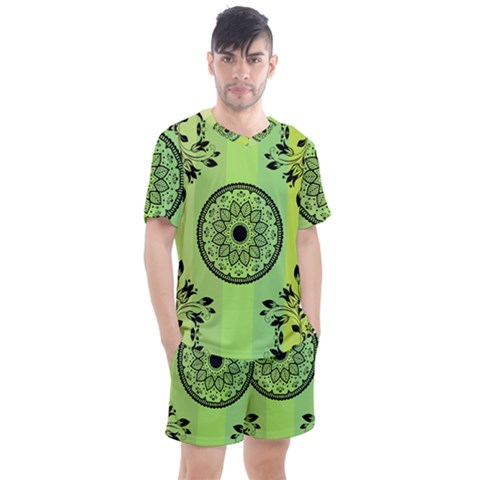 Green Grid Cute Flower Mandala Men s Mesh Tee And Shorts Set by Magicworlddreamarts1