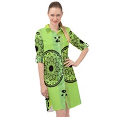 Green Grid Cute Flower Mandala Long Sleeve Mini Shirt Dress by Magicworlddreamarts1