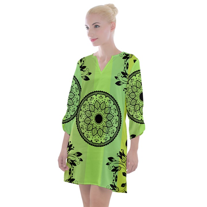 Green Grid Cute Flower Mandala Open Neck Shift Dress