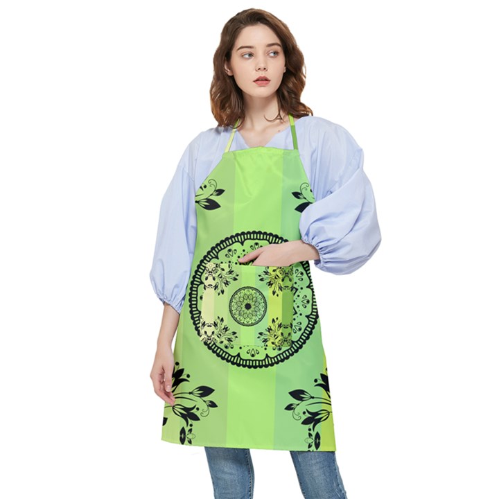 Green Grid Cute Flower Mandala Pocket Apron