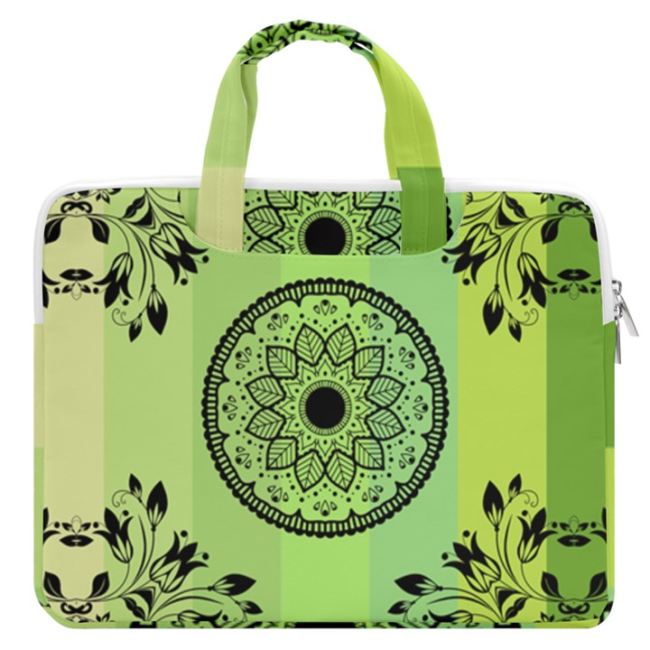 Green Grid Cute Flower Mandala MacBook Pro Double Pocket Laptop Bag (Large)