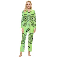 Green Grid Cute Flower Mandala Womens  Long Sleeve Pocket Pajamas Set by Magicworlddreamarts1