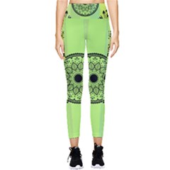 Green Grid Cute Flower Mandala Pocket Leggings  by Magicworlddreamarts1