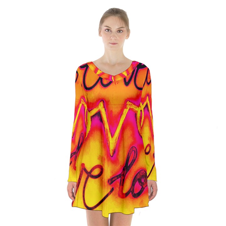  Graffiti Love Long Sleeve Velvet V-neck Dress