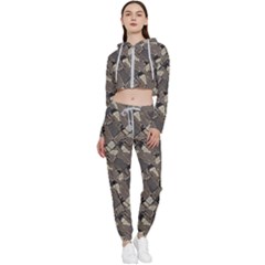 Browns Geometric Abstract Design Cropped Zip Up Lounge Set by dflcprintsclothing