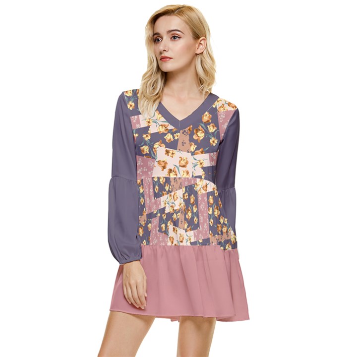 Flower Tiered Long Sleeve Mini Dress