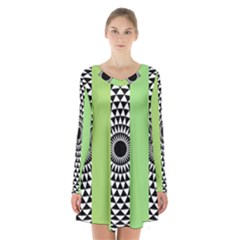  Green Check Pattern, Vertical Mandala Long Sleeve Velvet V-neck Dress