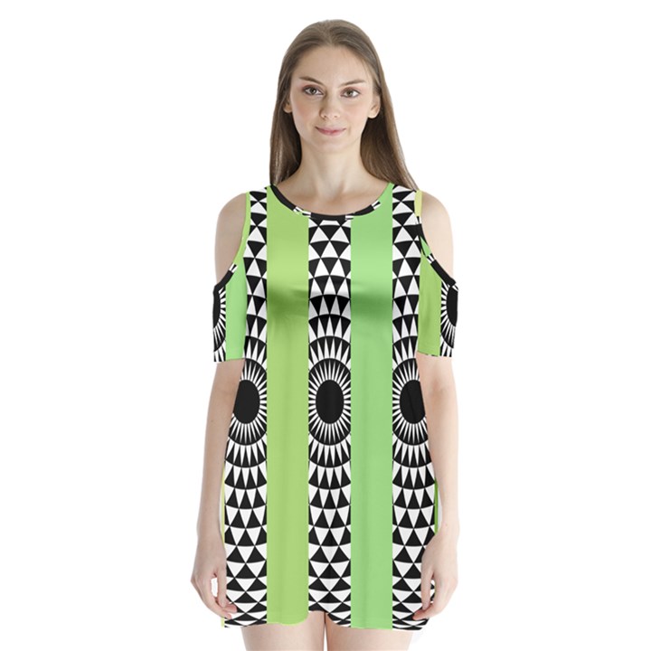  Green Check Pattern, Vertical Mandala Shoulder Cutout Velvet One Piece