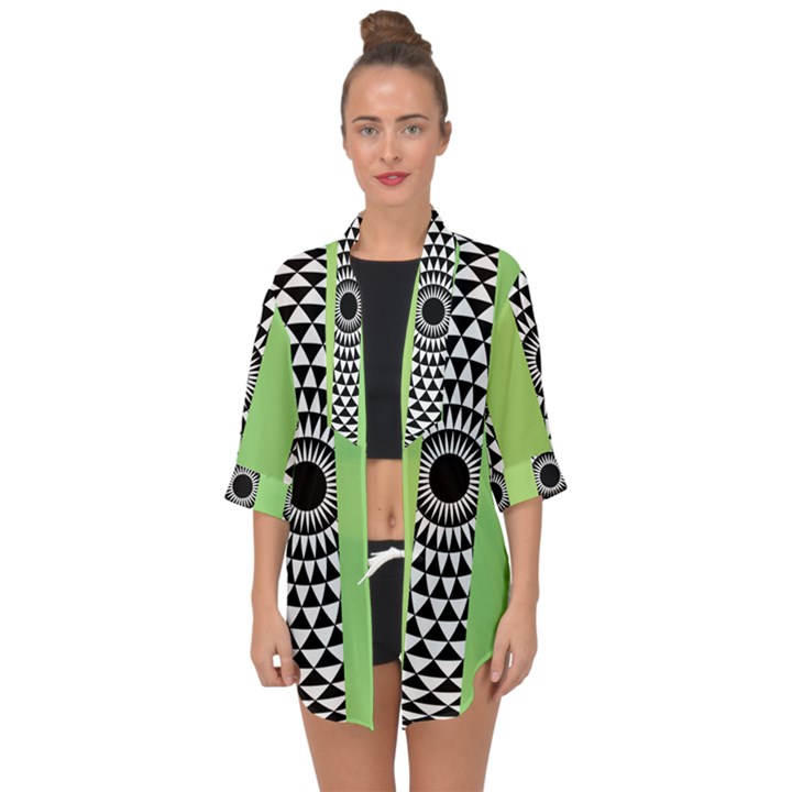  Green Check Pattern, Vertical Mandala Open Front Chiffon Kimono