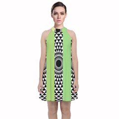  Green Check Pattern, Vertical Mandala Velvet Halter Neckline Dress 