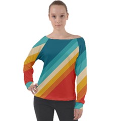 Classic Retro Stripes Off Shoulder Long Sleeve Velour Top by AlphaOmega