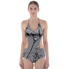 Grey Colors Flowers And Branches Illustration Print Cut-out One Piece Swimsuit by dflcprintsclothing