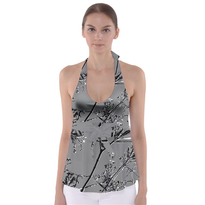 Grey Colors Flowers And Branches Illustration Print Babydoll Tankini Top