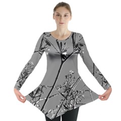 Grey Colors Flowers And Branches Illustration Print Long Sleeve Tunic 