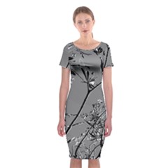 Grey Colors Flowers And Branches Illustration Print Classic Short Sleeve Midi Dress by dflcprintsclothing