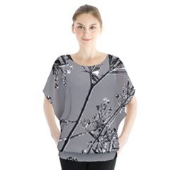 Grey Colors Flowers And Branches Illustration Print Batwing Chiffon Blouse