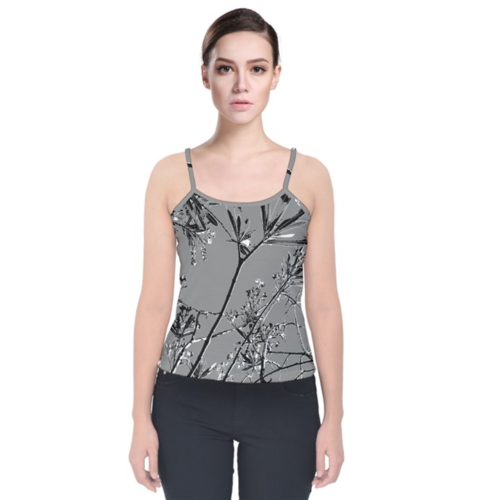 Grey Colors Flowers And Branches Illustration Print Velvet Spaghetti Strap Top