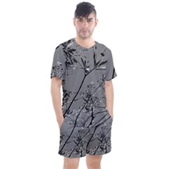 Grey Colors Flowers And Branches Illustration Print Men s Mesh Tee And Shorts Set