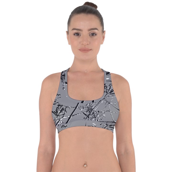 Grey Colors Flowers And Branches Illustration Print Cross Back Hipster Bikini Top 