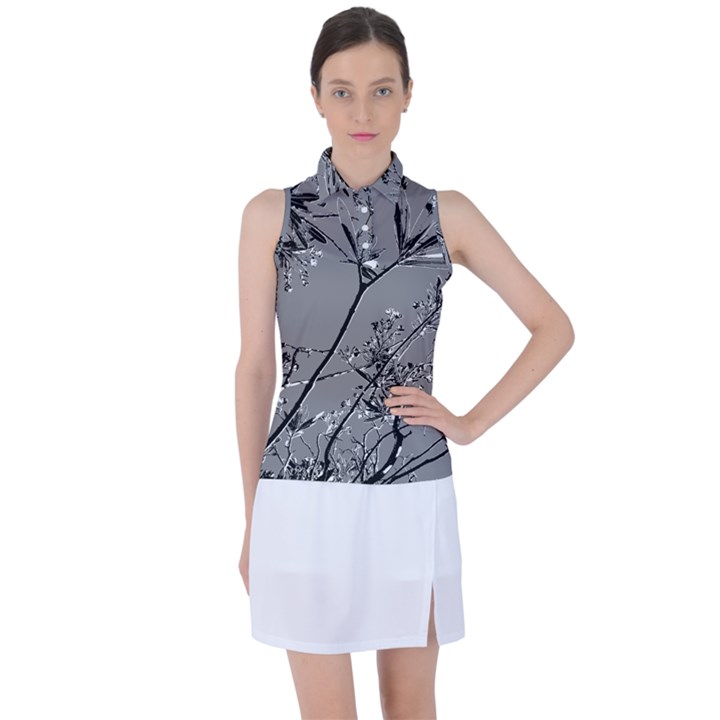 Grey Colors Flowers And Branches Illustration Print Women s Sleeveless Polo Tee