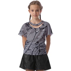 Grey Colors Flowers And Branches Illustration Print Kids  Front Cut Tee