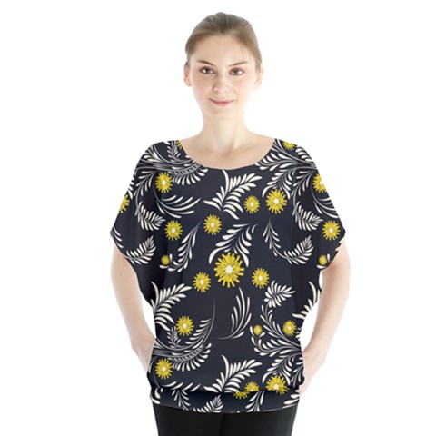 Folk Flowers Art Pattern Floral Abstract Surface Design  Seamless Pattern Batwing Chiffon Blouse by Eskimos