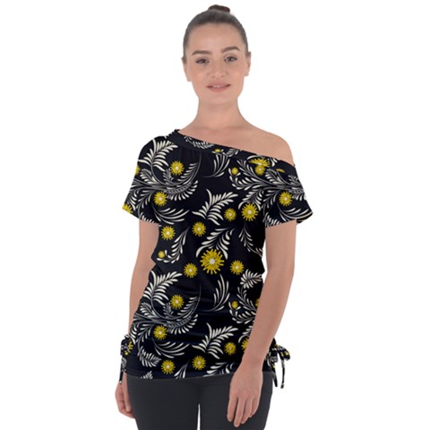 Folk Flowers Art Pattern Floral Abstract Surface Design  Seamless Pattern Off Shoulder Tie-up Tee by Eskimos