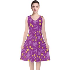 Folk Flowers Art Pattern Floral Abstract Surface Design  Seamless Pattern V-neck Midi Sleeveless Dress  by Eskimos