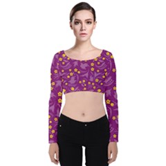 Folk Flowers Art Pattern Floral Abstract Surface Design  Seamless Pattern Velvet Long Sleeve Crop Top by Eskimos