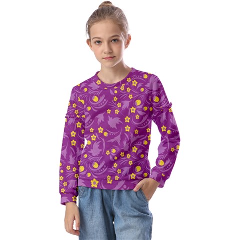 Folk Flowers Art Pattern Floral Abstract Surface Design  Seamless Pattern Kids  Long Sleeve Tee With Frill  by Eskimos