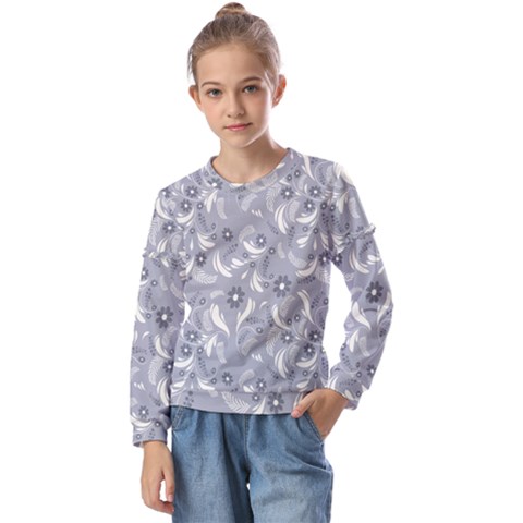 Folk Flowers Art Pattern Floral Abstract Surface Design  Seamless Pattern Kids  Long Sleeve Tee With Frill  by Eskimos