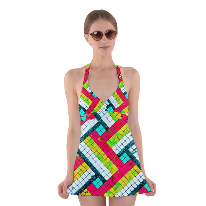 Pop Art Mosaic Halter Dress Swimsuit 