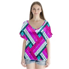 Pop Art Mosaic V-neck Flutter Sleeve Top