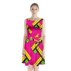 Pop Art Mosaic Sleeveless Waist Tie Chiffon Dress by essentialimage365