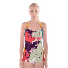 Abstract Colorful Pattern Boyleg Halter Swimsuit 