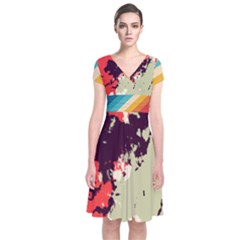 Abstract Colorful Pattern Short Sleeve Front Wrap Dress by AlphaOmega